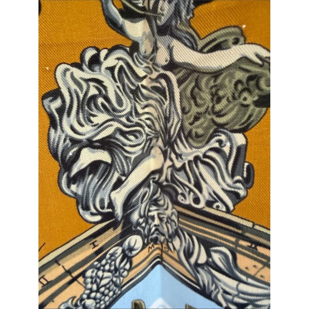 Vintage Herme’s Silk Scarf Palace Scene in Navy, Gold, Cream 34x34